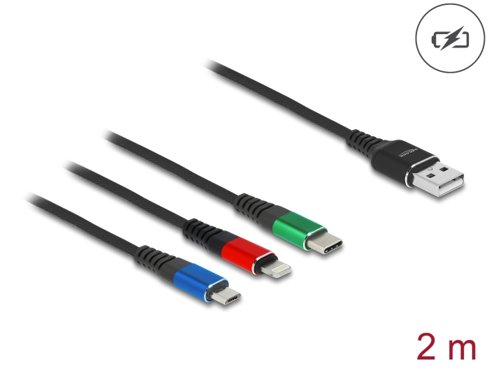 Delock USB Ladekabel 3 in 1 Typ-A zu Lightning™ / Micro USB / USB Type-C™ 2 m 3-farbig #1 